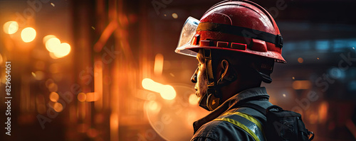 Firefighter in helmet looks at burning building.