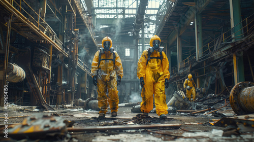 Two figures in hazmat suits stand in a derelict industrial building, surrounded by debris and smoke.