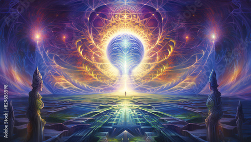 A mystical temple of enlightenment with vibrant cosmic energy, symbolizing spiritual awakening and radiance.