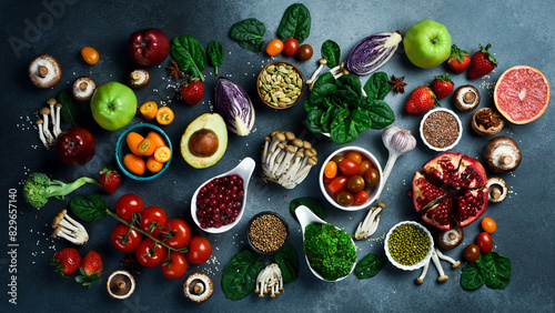 Banner. Top view from Healthy food clean eating selection: Fruits, vegetables, berries and mushrooms. Healthy food.