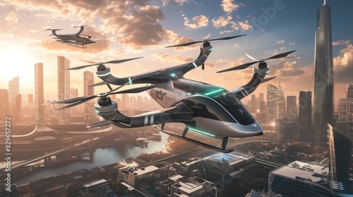 The eVTOLs hovering above the citys skyline their sleek silhouettes blending in with the modern architecture a testament to the seamless integration of technology and design.