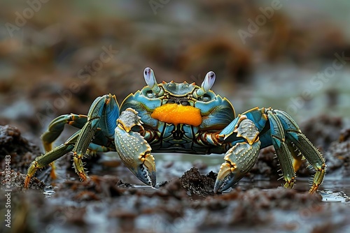 Illustration of crab is walking on the mud with an orange tummy