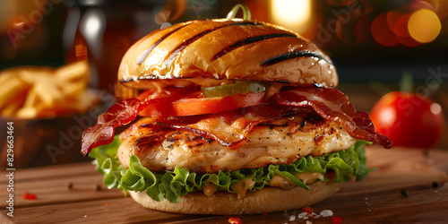 Super beef Burger with salad on the wooden board 