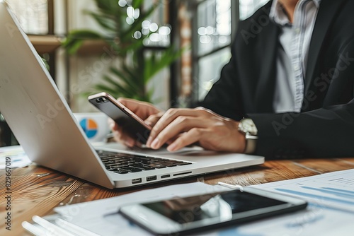 Person typing laptop using cell phone