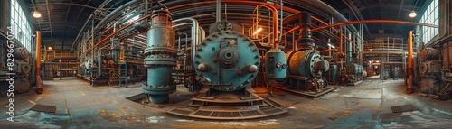 A steampunk factory with a large machine in the center. The machine is made of metal and has a large wheel on the front. There are pipes and gauges all around the machine.