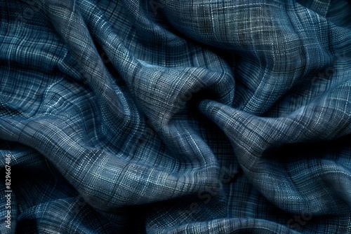 Close up of blue plaid fabric on black background