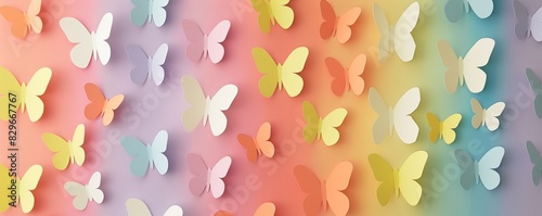 Colorful paper butterflies on a pastel gradient background creating a magical and whimsical atmosphere. Perfect for creative projects and decor.
