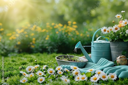 Gardening tools and flowers on a sunny lawn. The scene is peaceful and idyllic, perfect for a stock photo.