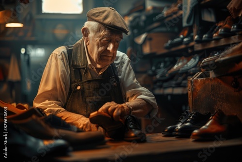 A man working on a shoe in a shoe shop. Suitable for advertising or business concepts