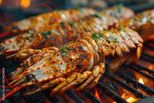 A close up image of a grilled lobster on a grill. Suitable for food and cooking concepts
