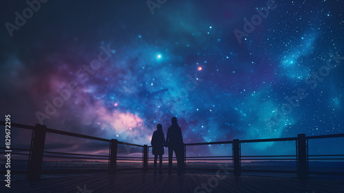 Friends stargazing on the deck, with a clear, star-filled sky above them. Dynamic and dramatic composition, with cope space