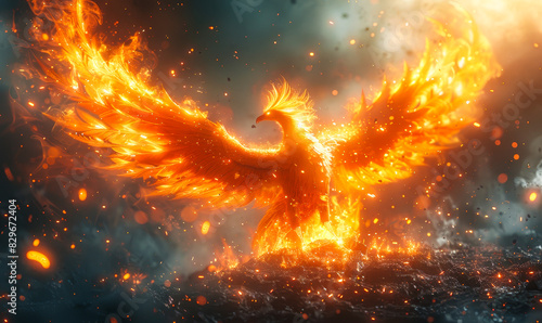 Majestic Phoenix Rising from Ashes in Fiery Rebirth, Dramatic Mythical Creature on Dark Mystic Background, Symbol of Renewal and Hope