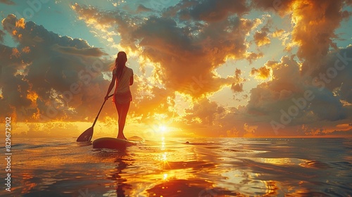 A woman paddles a stand-up paddleboard on a river at sunset
