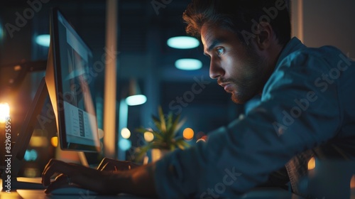 A man sitting in front of a computer screen late at night. Suitable for business or technology concepts