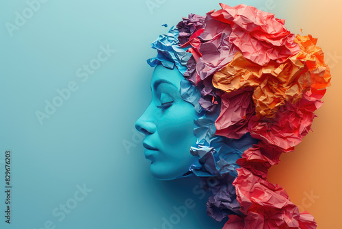 A colorful paper mache sculpture of an African Woman's head, created using torn and folded pieces of colored papers to form the face with different textured layers. Created with Ai