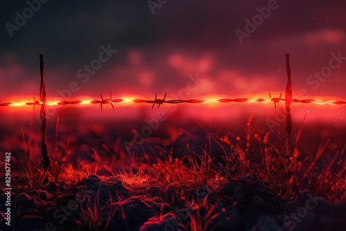 A barbed wire fence in the middle of a field. Suitable for illustrating boundaries and security concepts