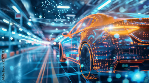Automotive leader leveraging blockchain technology to enhance vehicle telemetry data security and efficiency, amidst the advanced machinery of a modern manufacturing plant
