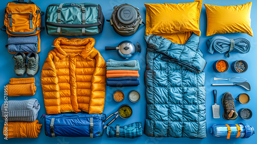 Comprehensive camping gear layout on blue background