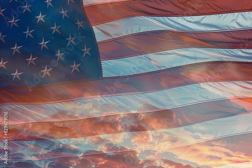 American flag made of swirling clouds, a whimsical display painted by the wind. Pinkish-red sunset hues create the stripes, with a clear blue sky forming the background and puffy white clouds as stars
