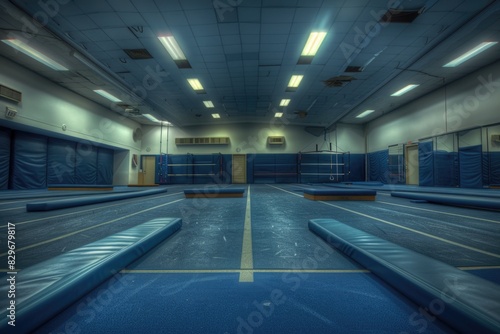 A spacious gym with blue mats and colorful lights, perfect for fitness or sports concepts