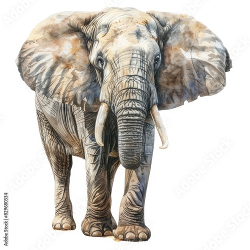 Ultra realistic watercolor style illustration of beautiful elephant, high detailed, isolated on white