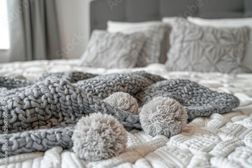 A bed with a blanket and decorative pom poms. Suitable for home decor concepts