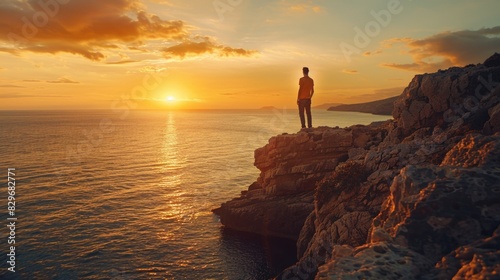 Person standing on cliff looking at ocean, perfect for travel websites