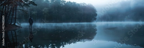 Lake With Fog. Spooky Halloween Adventure in Transylvania Forest with Man Silhouette on Foggy Road