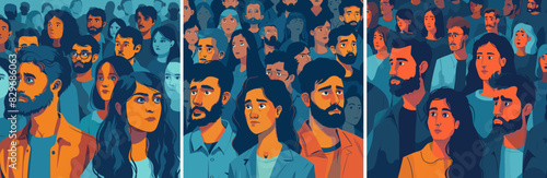 Loners sad depressed crowd characters cartoon vector concepts. Man woman isolated disunity mental problems abandoned communication lack people, expressive splendid illustration