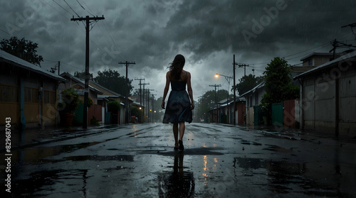 Woman walking down a dark street The sky was overcast and stormy. The woman's reflection was visible on the wet sidewalk.