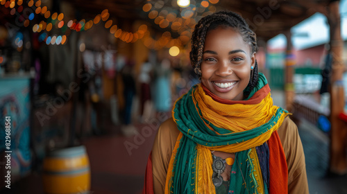A radiant woman smiles warmly in an indoor market, surrounded by warm lights and vibrant colors from her scarf