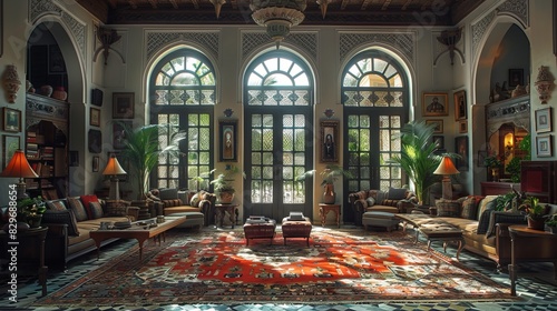 Luxurious Arabian style villa Wealth and splendor reign supreme. rich fabric Luxurious furniture, luxurious textiles Every detail reflects the timeless beauty and sophistication of Arabian design.