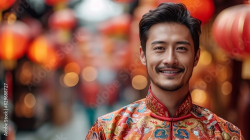 A charming man smiles in a traditional Chinese outfit, with lanterns in soft-focus in the background during a festive occasion