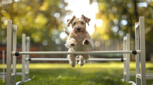 A dog jumping over an agility hurdle, with the background softly blurred for copy space, photorealistic, sharp focus