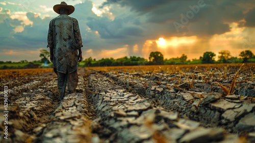 A weathered farmer surveys a cracked earth field under a dramatic sunset, indicating concerns about drought and climate change