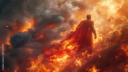 Superhero in an epic pose with explosions and flames in the background, full of charisma and strength