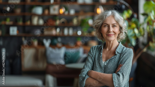 An elegant senior woman confidently poses with crossed arms in a modern café setting, representing graceful aging and lifestyle