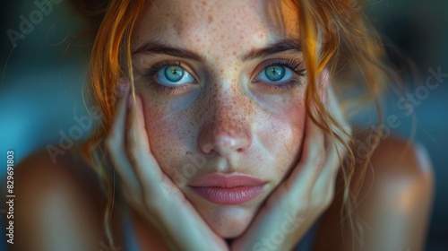 Calm redhead woman with freckles and stunning gaze in a soft, close-up portrait