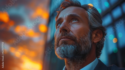 Man with gray hair and beard looking thoughtfully into the distance, contemplating life