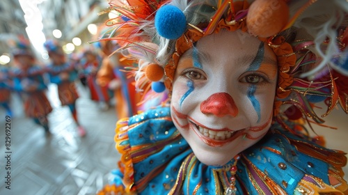 Close portrait of a child with clown makeup, adorned with festive headgear and accessories, high-spirited ambiance
