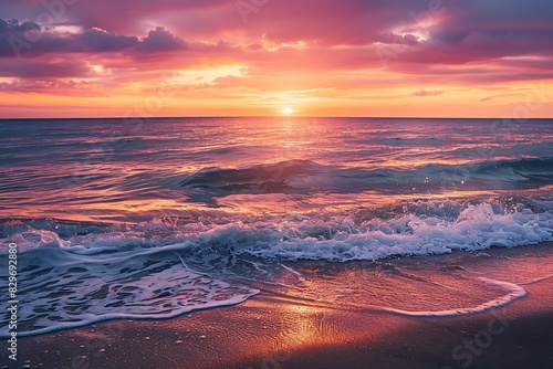 A vibrant sunrise over a calm ocean, with gentle waves lapping at the shore.