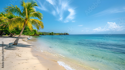 Panorama banner photo of idyllic tropical beach with palm tree Beautiful tropical beach banner. White sand and coco palms travel, Generative AI 