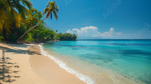 Panorama banner photo of idyllic tropical beach with palm tree Beautiful tropical beach banner. White sand and coco palms travel, Generative AI 