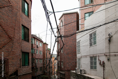 View of the building and electricity cables