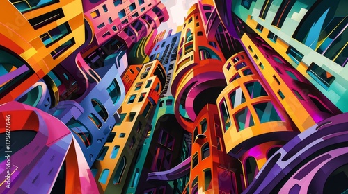 Tort law visualized in a surreal cityscape, twisted buildings, abstract, bright and bold colors