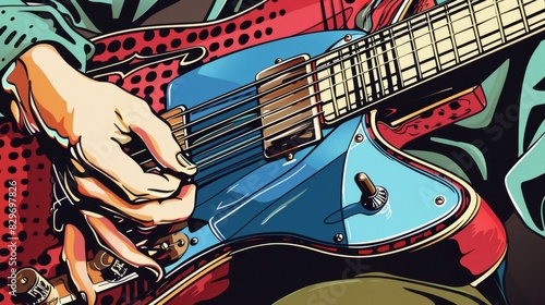 Closeup of someone playing guitar, fingers on the strings, in pop art comic style