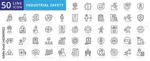 Industrial safety icon set with hazard, risk, management, accident, prevention, protection, equipment, workplace, incident report, training and emergency.
