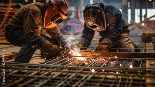 Welders fuse steel rods together to create custom reinforcement beams for critical areas of the building.