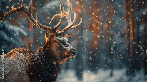 Big elk in winter forest. Bull Elk male. Banner with beautiful animal in the nature habitat One male elk with big horns standing in snowy forest, Generative Ai