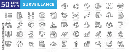 Surveillance icon set with security, camera, cctv, privacy invasion, wiretapping, big brother, facial recognition, spy cameras and laws.